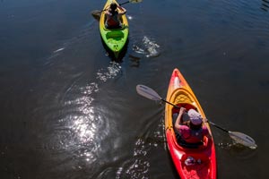 Kayaks on water on campus.