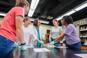 Students working with professor on dissection in classroom.