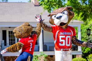 Southpaw highfiving the Southpaw statue.