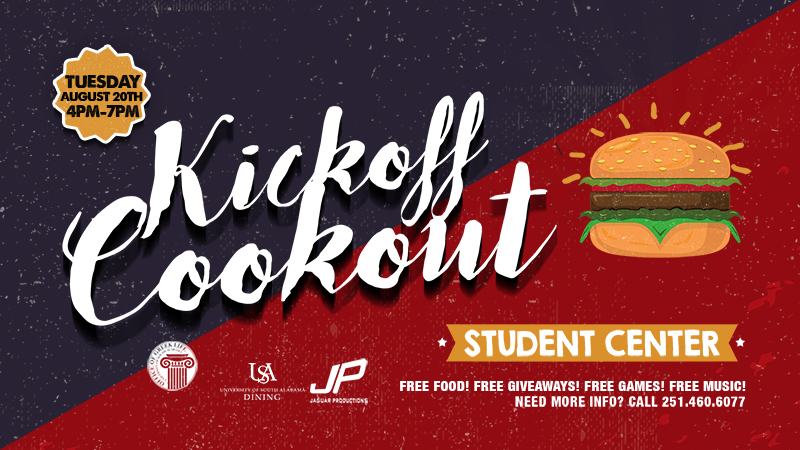 Poster for kick-off cook out in student center Tuesday, August 20, 4-7 pm