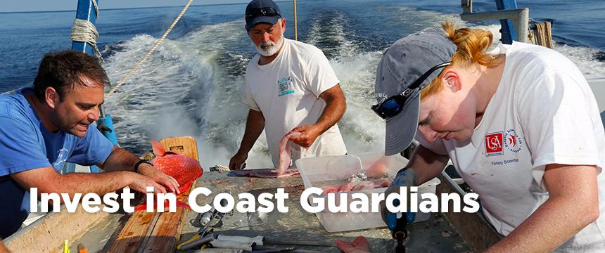 Students working with faculty on boat with fish with Invest in Coast Guardians text overlay
