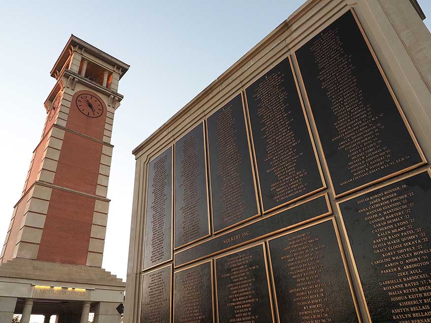 Moulton tower and wall of honor.