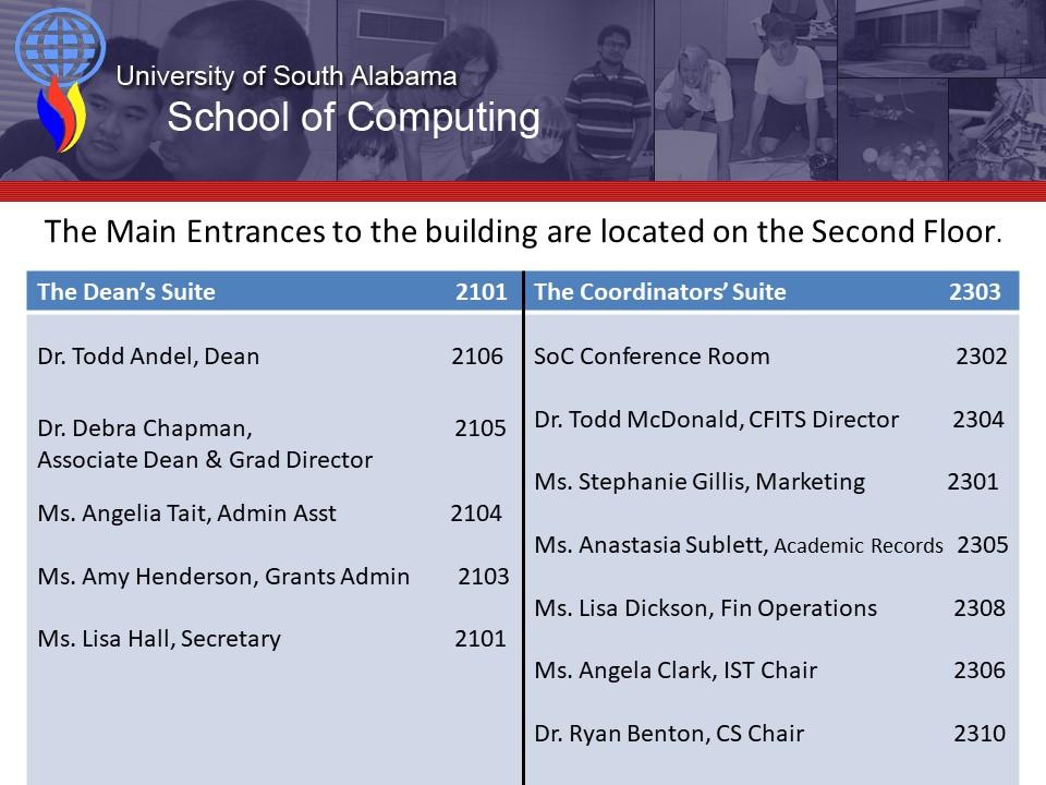 The main entrances to the building are located on the second floor.
The Dean's Suite 2101
Dr. Todd Andel, Dean 2106
Dr. Debra Chapman, Associate Dean & Grad Director 2105
Ms. Angelia Tait, Admin Asst 2104
Ms. Amy Henderson, Grants Admin 2103
Ms. Lisa Hall, Secretary
The Coordinators' Suite 2303
SoC Conference Room 2302
Dr. Todd McDonald, CFITS Director 2304
Ms. Stephanie Gillis, Marketing 2301
Ms. Anastasia Sublett, Academic Records 2305
Ms. Lisa Dickson, Fin Operations 2308
Ms. Angela Clark, IST Chair 2306
Dr. Ryan Benton, CS Chair 2310