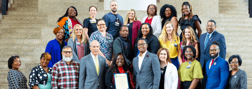 September is National Sickle Cell Awareness Month and the City of Mobile issued a proclamation recognizing the observance.  Representatives of the USA’s Johnson Haynes Jr. Comprehensive Sickle Cell Center, including Ardie Pack-Mabien, Ph.D., FNP-BC, director;Antwan Hogue, M.D., medical director; and Hamayun Imran, M.D., division chief of pediatric hematology/oncology; received the proclamation from Mayor Sandy Stimpson during the city council meeting. 