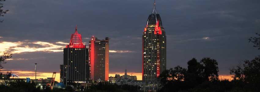 RSA Tower in downtown Mobile, Alabama lit red to recognize Sickle Cell Awareness Month on Sunday, September 8, 2024