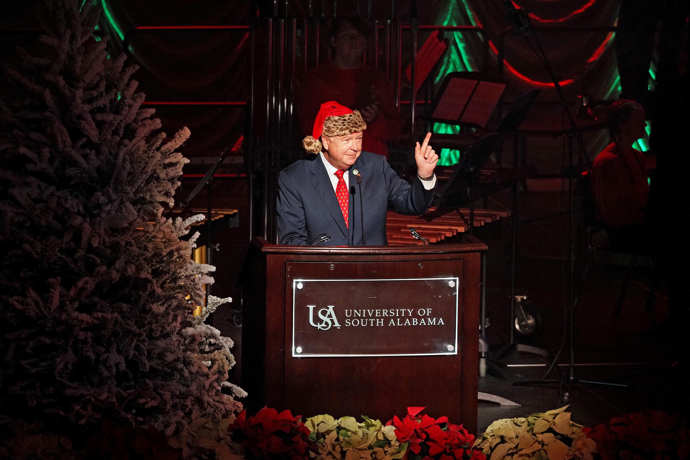 University of South Alabama President Jo Bonner welcomes guests to the USA Mitchell Center before the annual Holiday Concert by student and faculty musicians in the Department of Music.
