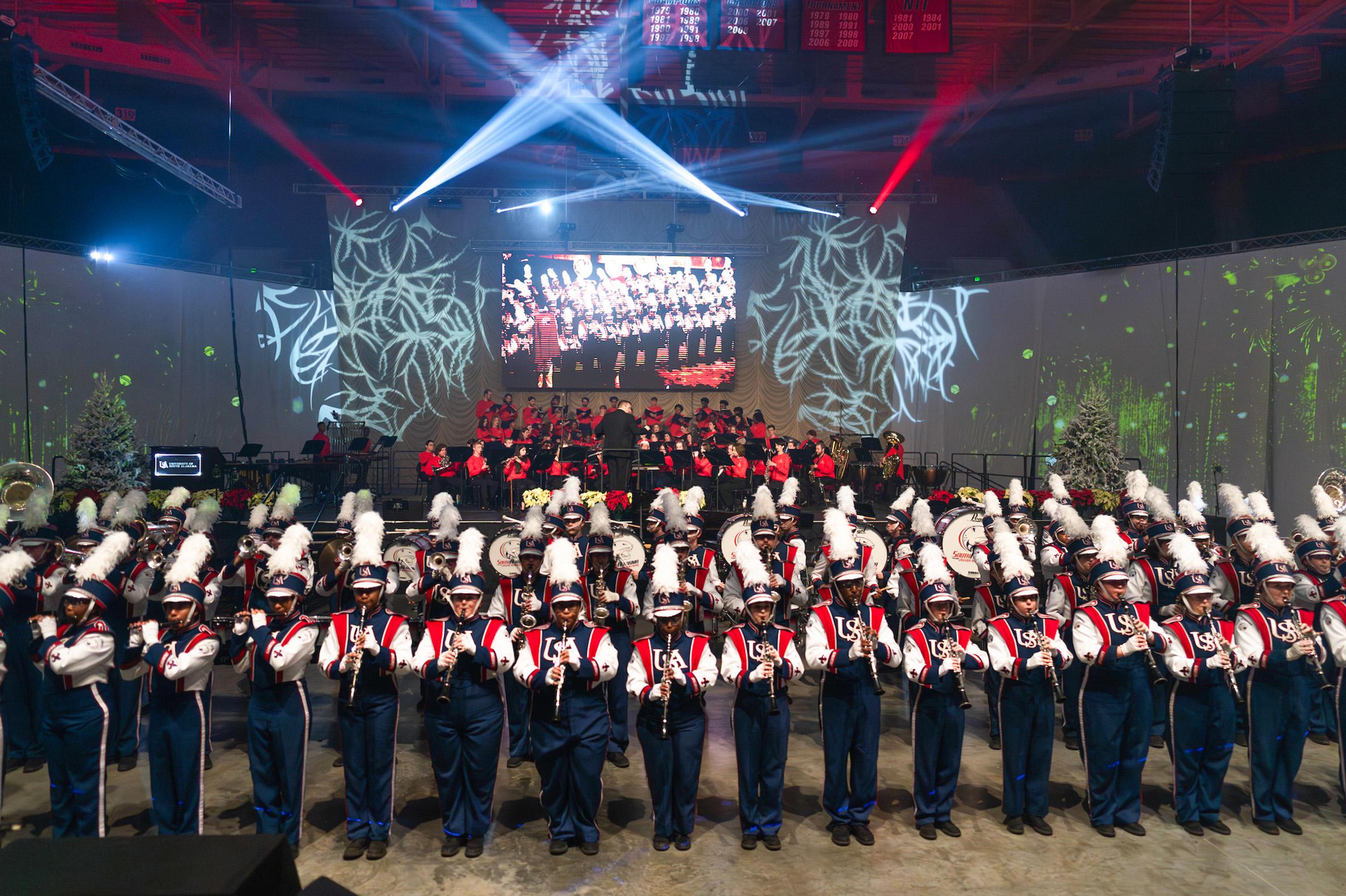 Marching band in front of stage.