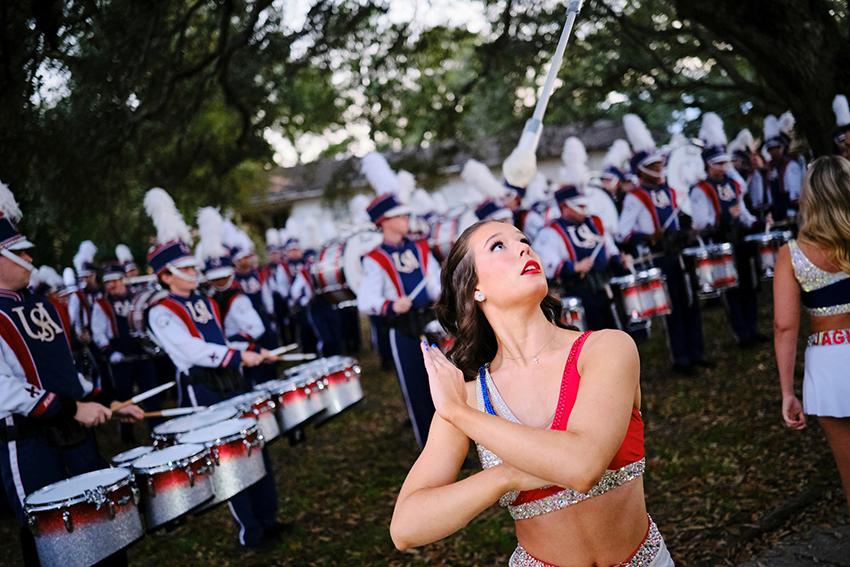 Jaguar Marching Band Twirler looking up 