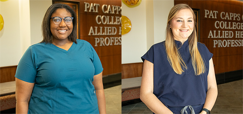 Two graduate students from the Pat Capps Covey College of Allied Health Professions Department of Speech Pathology and Audiology, Robin Jacobs and Emma Lovelady, were recognized for their hard work and commitment to their professions at the Speech and Hearing Association of Alabama 2024 convention.
