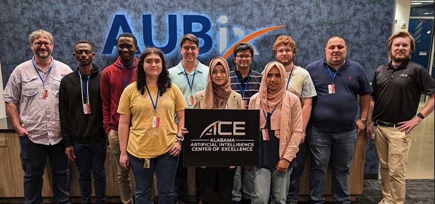 Graduate students from the mathematics and statistics department attended a seminar at Auburn University. Pictured, from left to right, back row: Dr. Steven Clontz, Lambert Dong, Mustapha Issah, Joshua Silverman, Foyselur Md. Rahman, Timothy Bennett, Dr. Andrei Pavelescu, Nick Buhl (Research Coord., VCOM, software engineer at Aubix); front row, left to right: Giova Miron, Nimra Ismail and Nusrat Jahan.