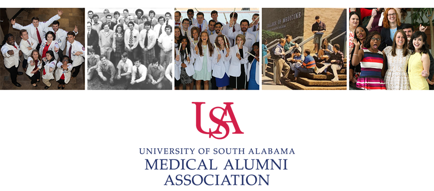 Photos of past medical students and the Medical Alumni Association's logo