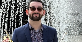 Pictured beside the Laidlaw fountain is trumpeter Zachary Nelson.