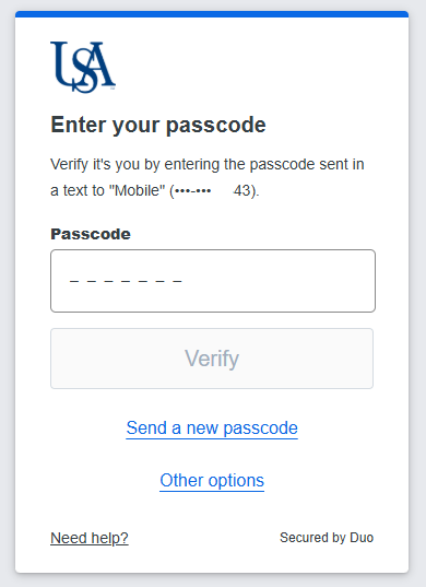 Screenshot of passcode verification