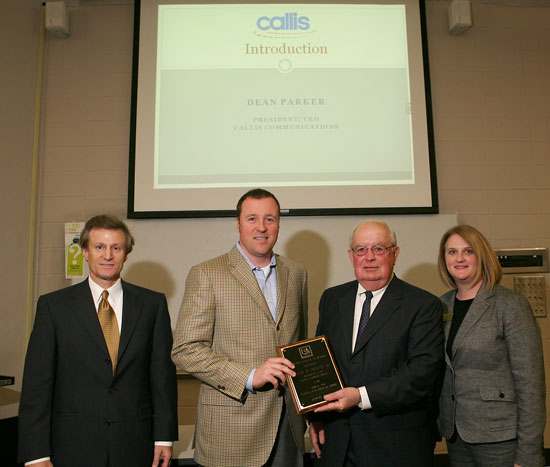 At the lecture to USA’s MBA students: USA Mitchell College of Business Director of Graduate Studies Dr. John Gamble, Dean Parker, USA Mitchell College of Business Dean Dr. Carl Moore, and USA Mitchell College of Business Associate Dean Dr. Deborah Spake.