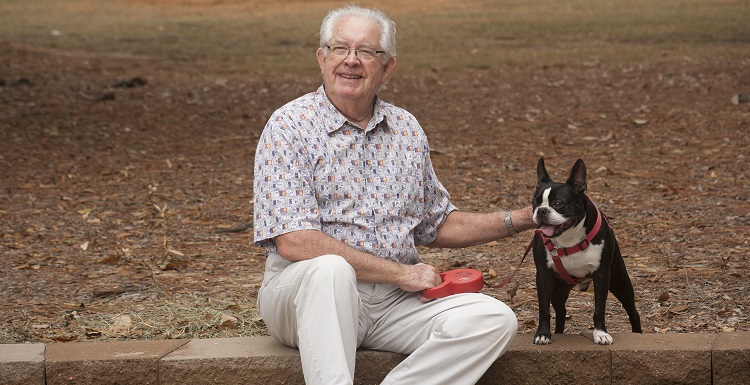Retired in 1998, Dr. Robert Barrow remains a familiar face around campus, where he takes a daily walk with his wife, Margot; daughter, Audrey; and Bucky the Boston terrier.