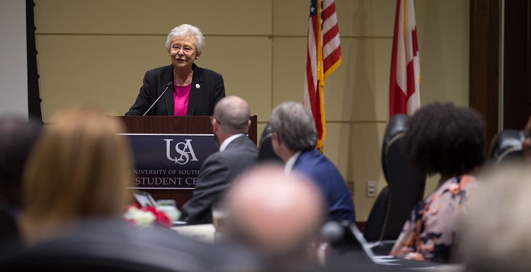 Gov. Kay Ivey temporarily chaired Thursday's University of South Alabama Board of Trustees meeting. She also toured campus and met with administration, student, faculty and alumni leaders.