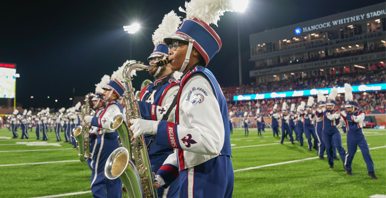 The Jaguar Marching Band performs during South's football game against Georgia Southern at Hancock Whitney Stadium, October 14, 2021.