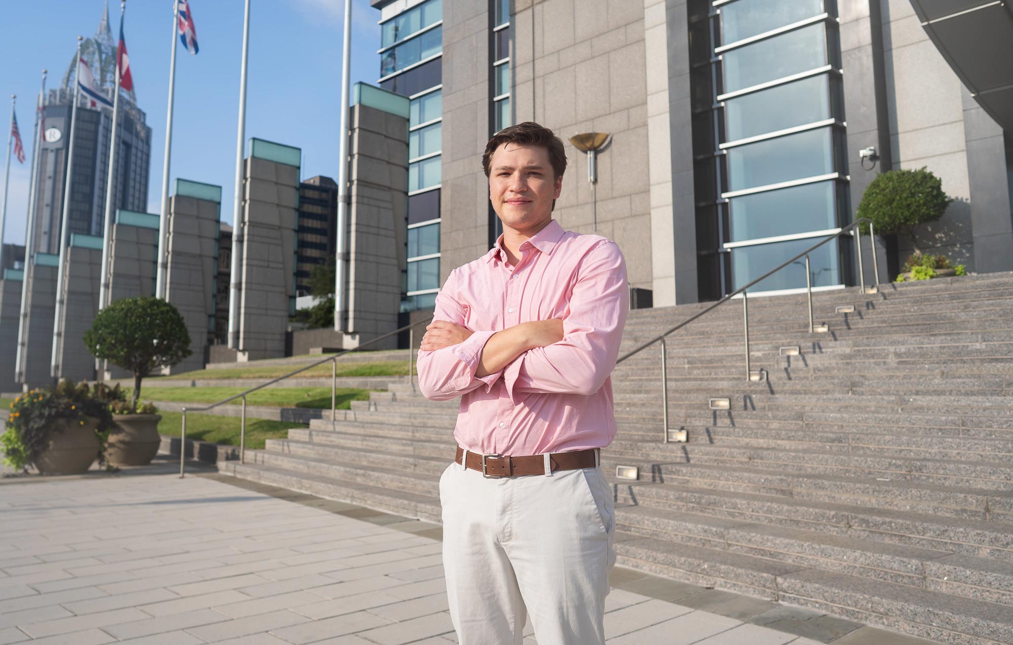 Gabriel Kucala standing in downtown Mobile. 