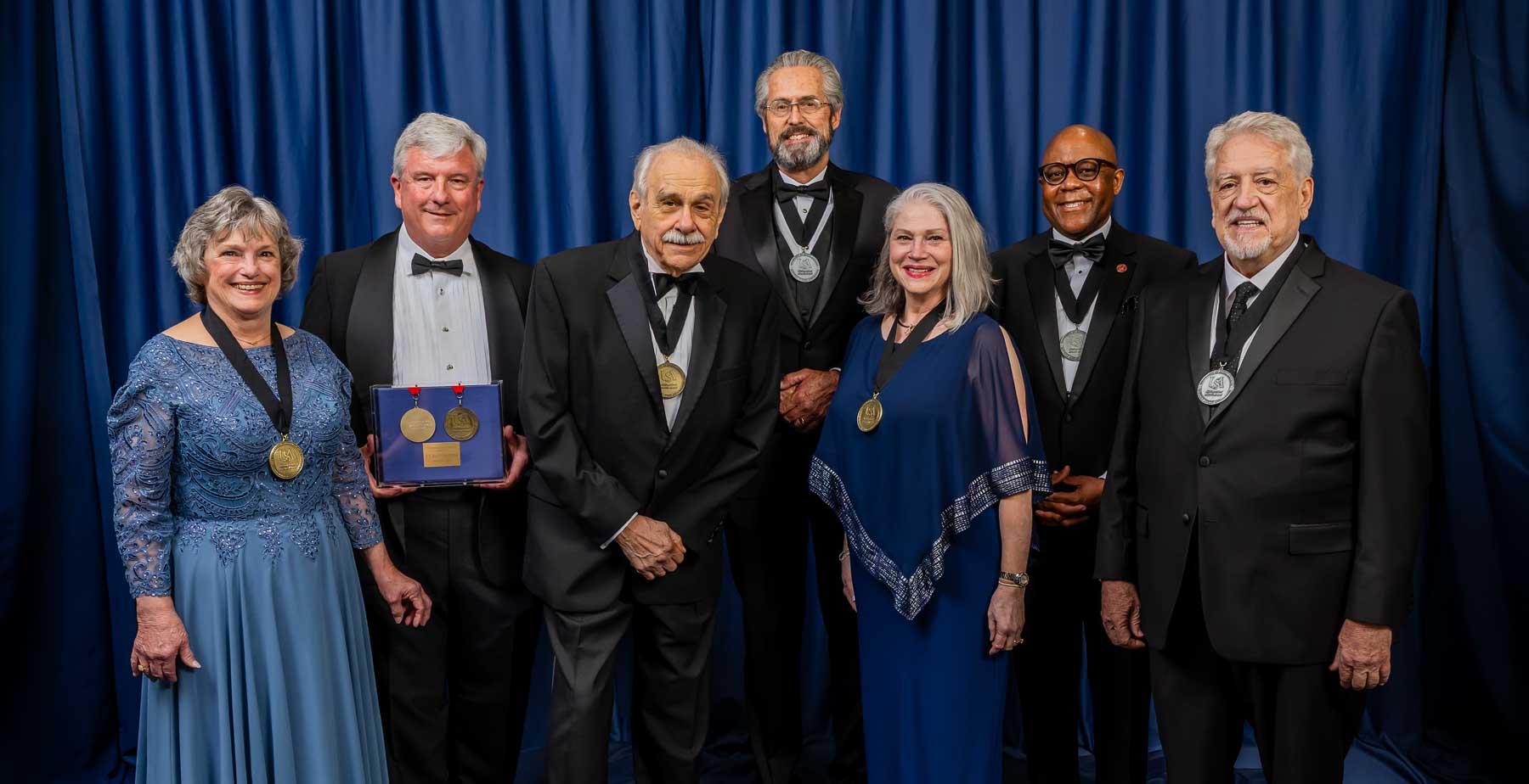 From left, Dr. Carol Scott Cash; Bestor Ward, representing the J.L. Bedsole Foundation; Ray Kennedy; Frank Barrow, son of the late Dr. Robert Barrow; Patsy Kennedy; Lenus Perkins and Dr. Mike Wojciechowski attended the 20th Annual USA National Alumni Association Distinguished Alumni & Service Awards.