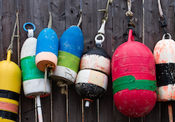 buoys hanging on a wooden slat wall