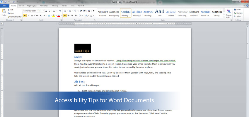 Screenshot of a word document with text overlay Accessibility Tips for Word Documents